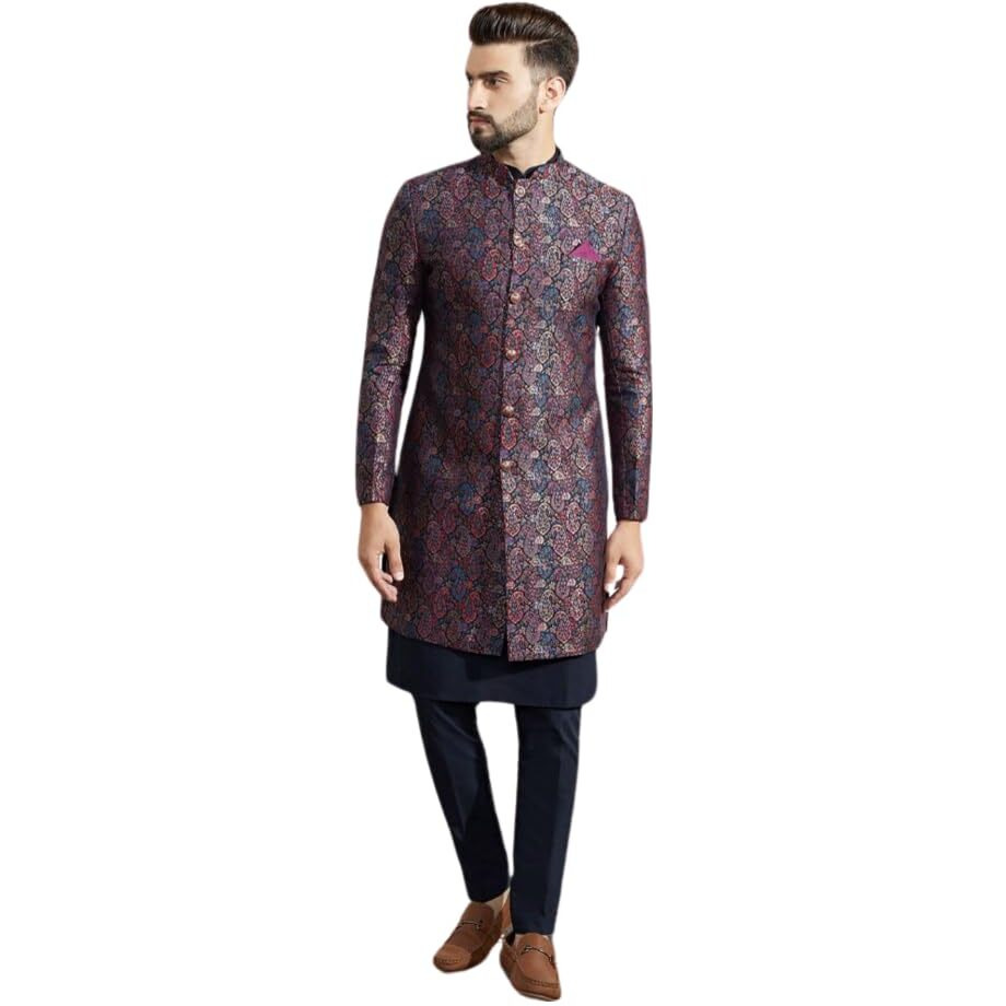Kisah Sherwani Set For Men  Silk Blend Jacquard Textured Indo Western Sherwani With Kurta And Trouser | Designer Ethnic Outfit For Weddings & Festivals, Multi, 44