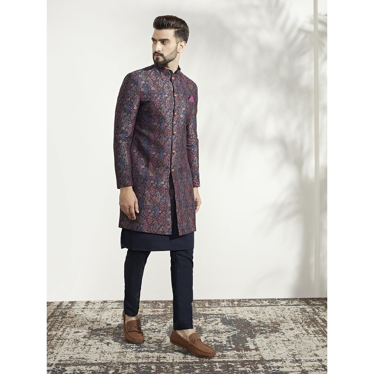 Kisah Sherwani Set For Men  Silk Blend Jacquard Textured Indo Western Sherwani With Kurta And Trouser | Designer Ethnic Outfit For Weddings & Festivals, Multi, 44
