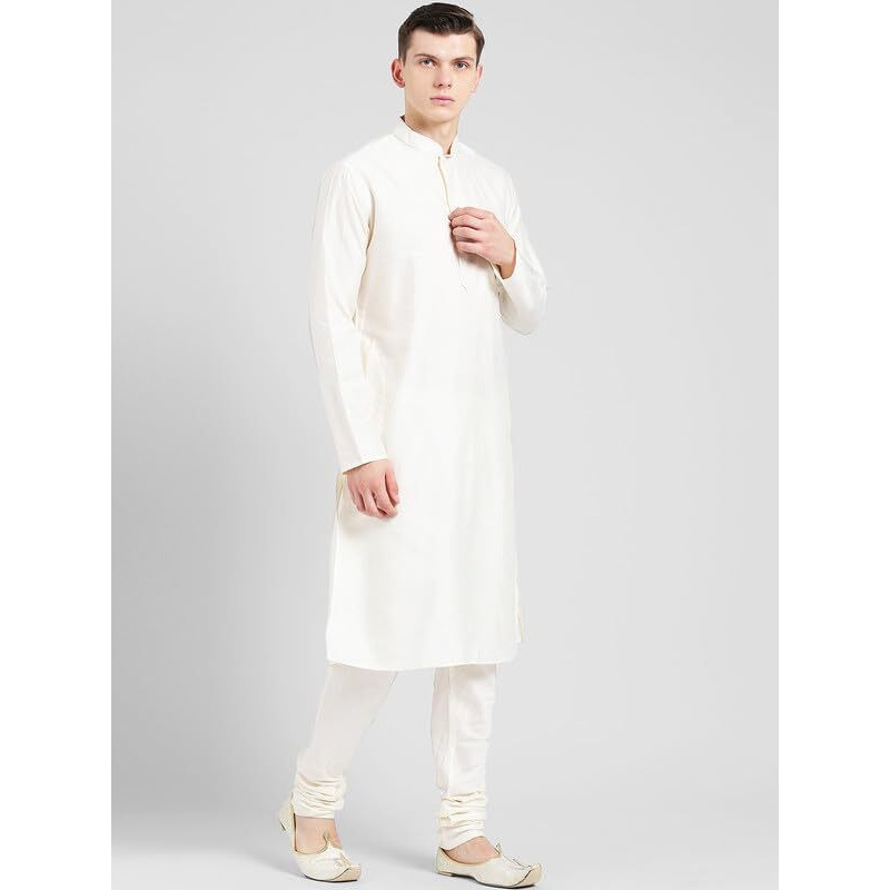 Kisah Men's Kurta, Off White Silk, Solid Regular Fit Mandarin Collar Long Sleeves (50)