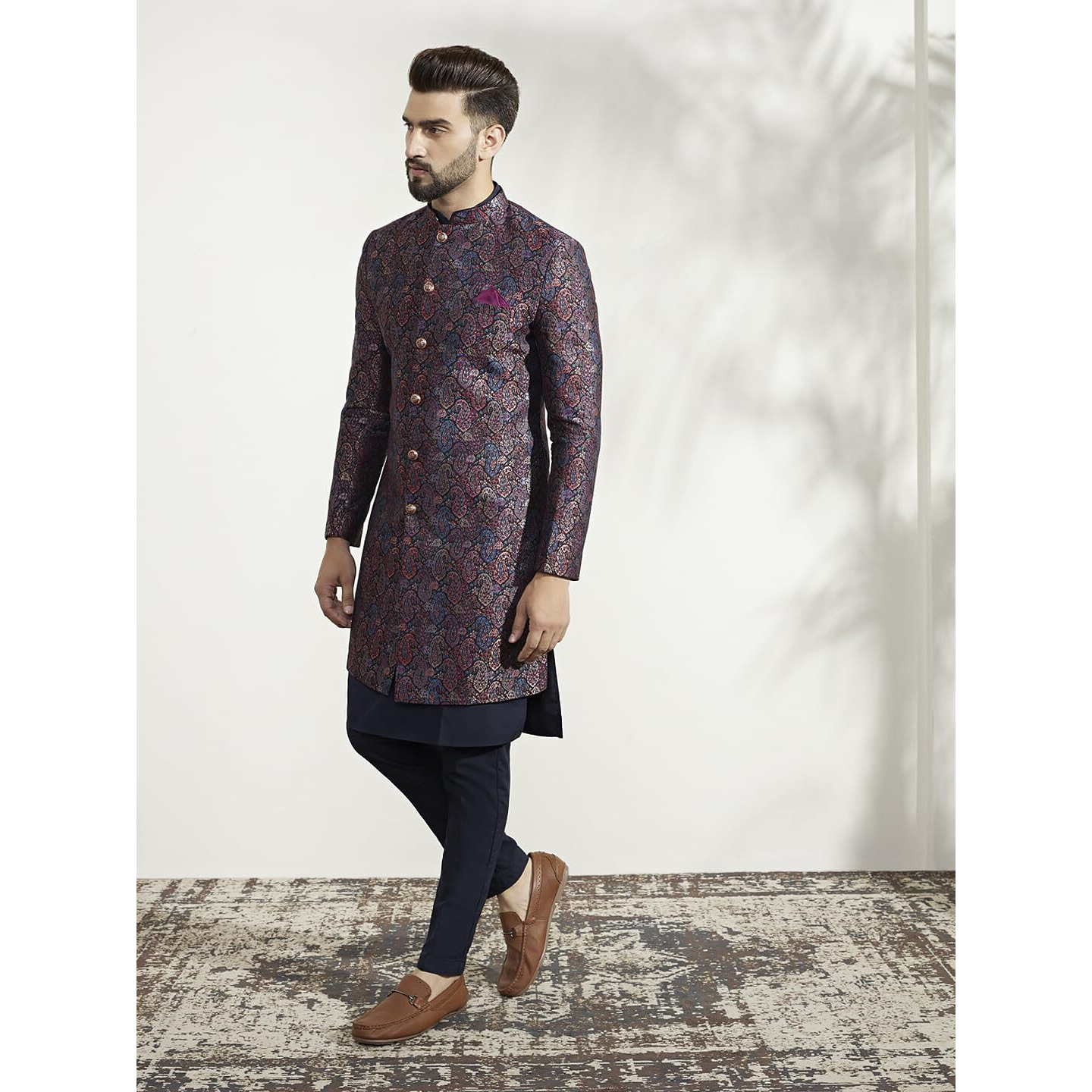 Kisah Sherwani Set For Men  Silk Blend Jacquard Textured Indo Western Sherwani With Kurta And Trouser | Designer Ethnic Outfit For Weddings & Festivals, Multi, 40