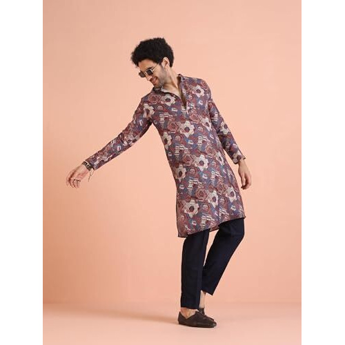 Kisah Men Printed Multicolor Kurta Full Sleaves, Knee Length, Straight, Regular Fit, Mandarin Collar Ethnic Wear, 36