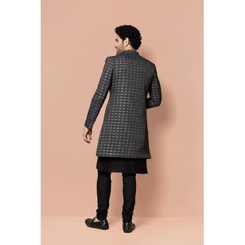 Kisah Men's Kurta Sherwani Churidar Set Indo-Western, Black Jacquard, Woven Design Long Sleeves Regular Fit Mandarin Collar (Large)