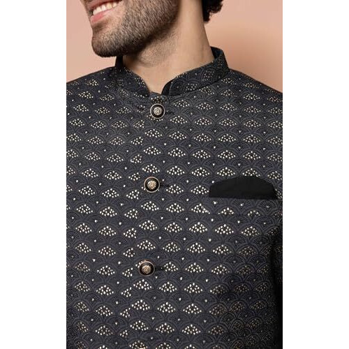 Kisah Men's Kurta Sherwani Churidar Set Indo-Western, Black Jacquard, Woven Design Long Sleeves Regular Fit Mandarin Collar (Large)