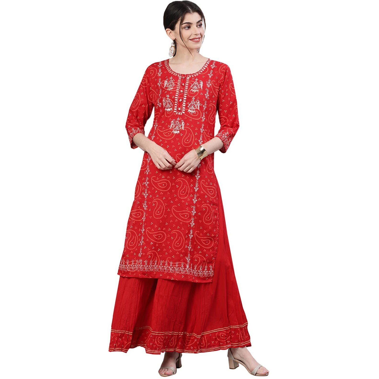 Ishin Women's Cotton Straight Embroidered Gotta Patti Kurta Suit Set With Sharara Kplpram-5042_M_Red