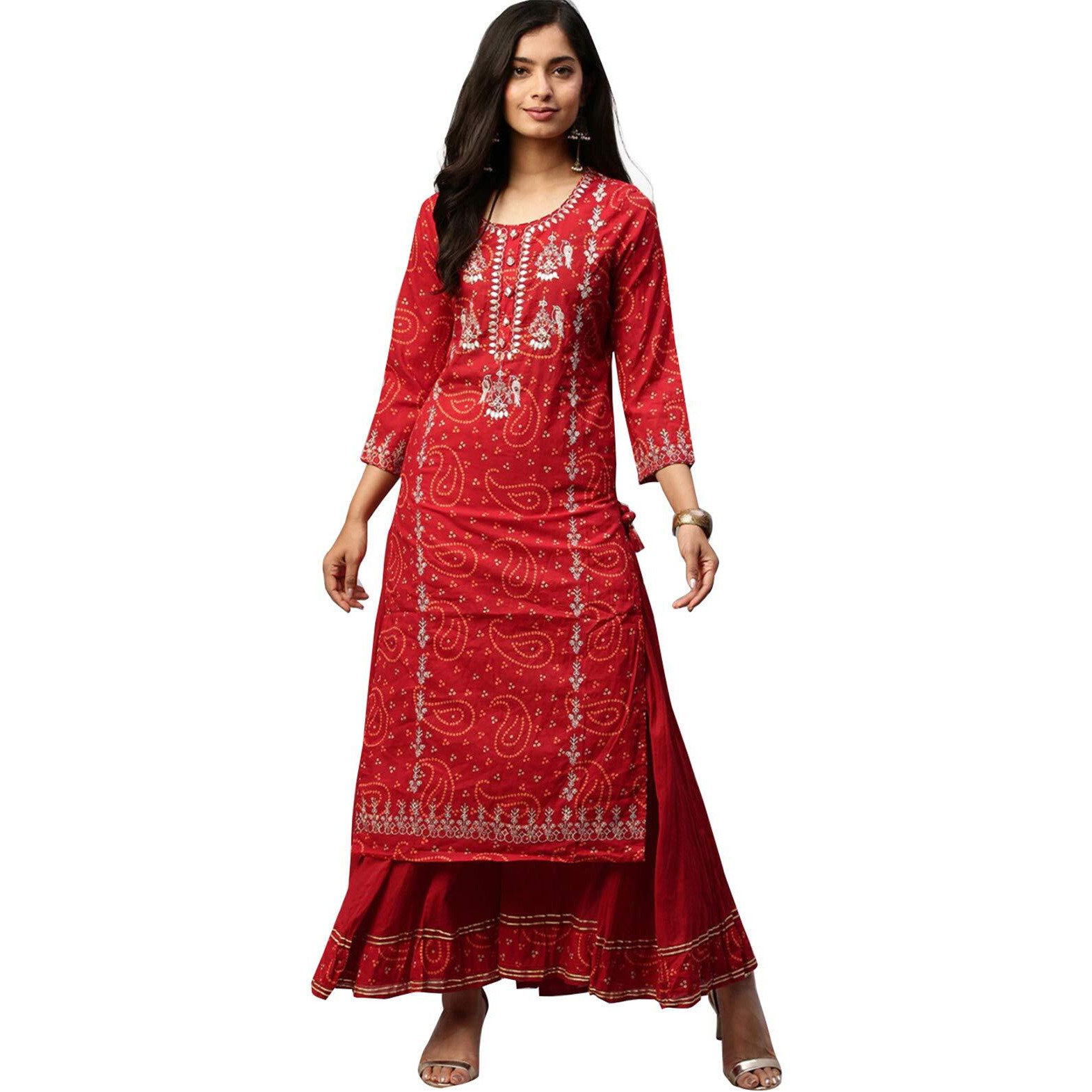 Ishin Women's Cotton Straight Embroidered Gotta Patti Kurta Suit Set With Sharara Kplpram-5042_M_Red