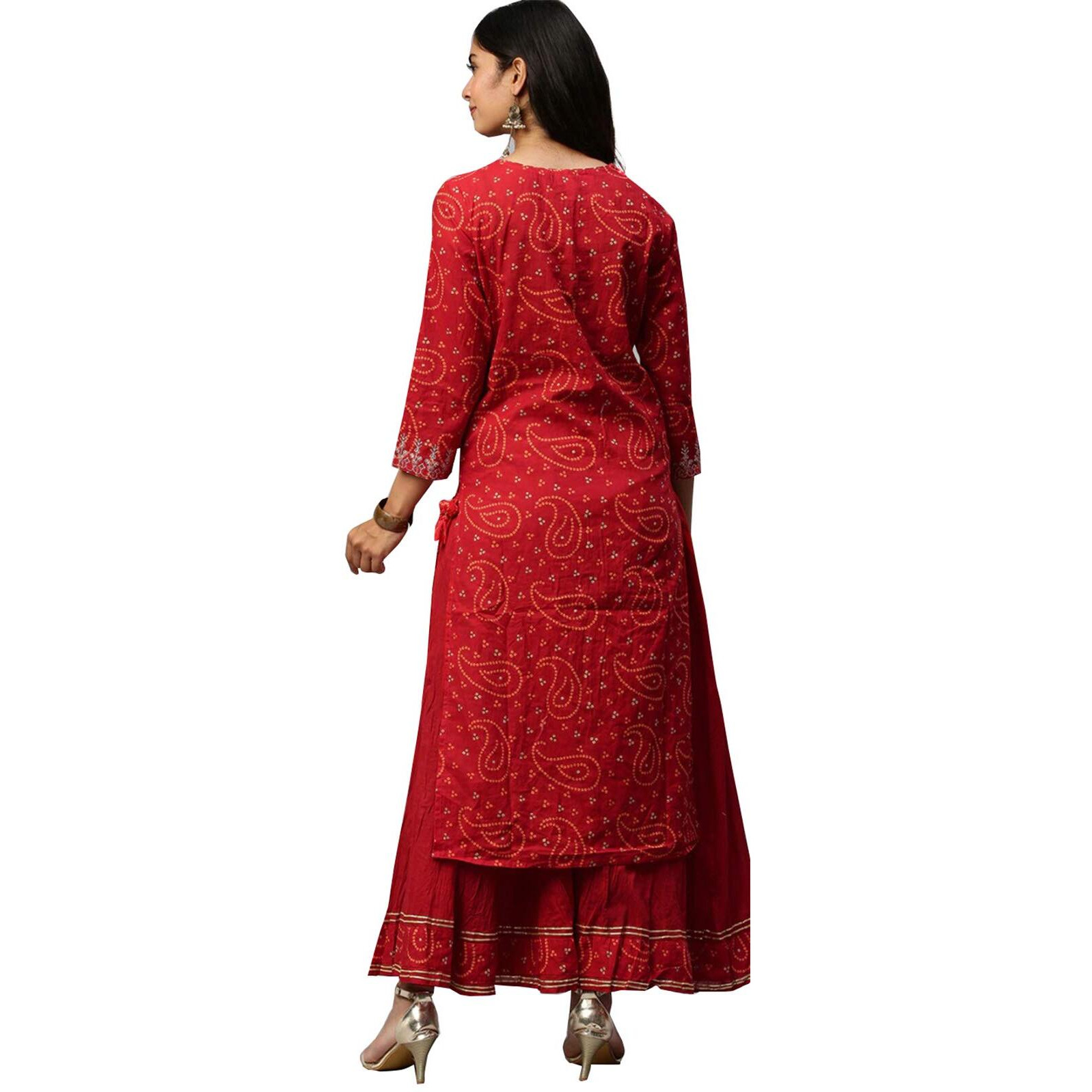 Ishin Women's Cotton Straight Embroidered Gotta Patti Kurta Suit Set With Sharara Kplpram-5042_M_Red