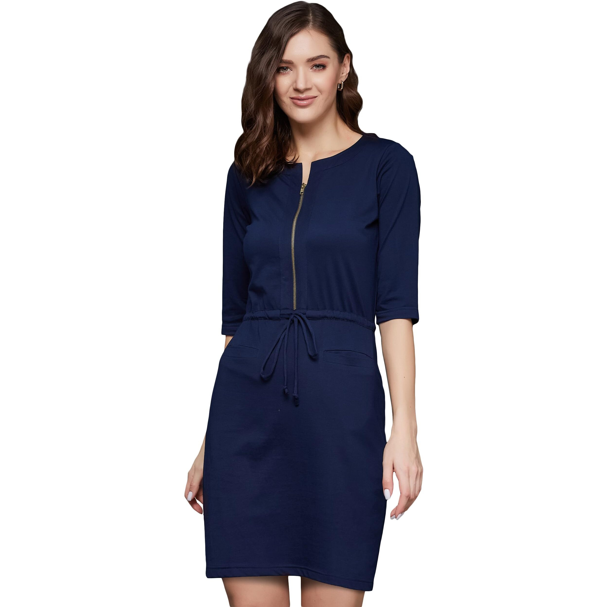 Miss Chase Women's Round Neck 3/4 Sleeves Cotton Solid Mini Shift Dress (Mcaw23D98-81-71-04, Navy Blue, M)