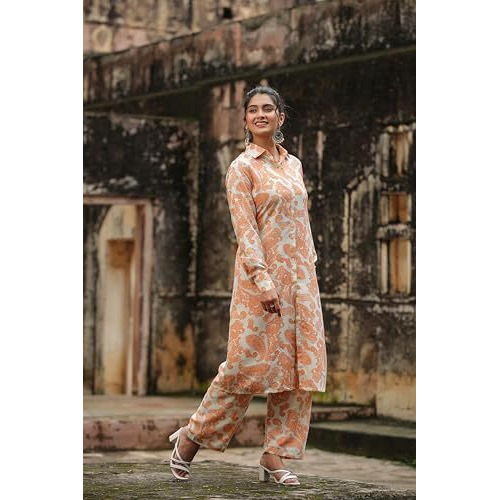 Leriya Fashion Women Rayon Printed Co-Ord Set, Orange, 2Xl