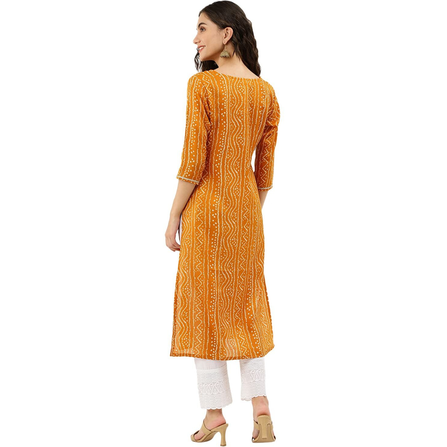 Nainvish Women's Cotton Blend Printed Straight V-Neck Kurta (Sd360_K-S_Yellow)