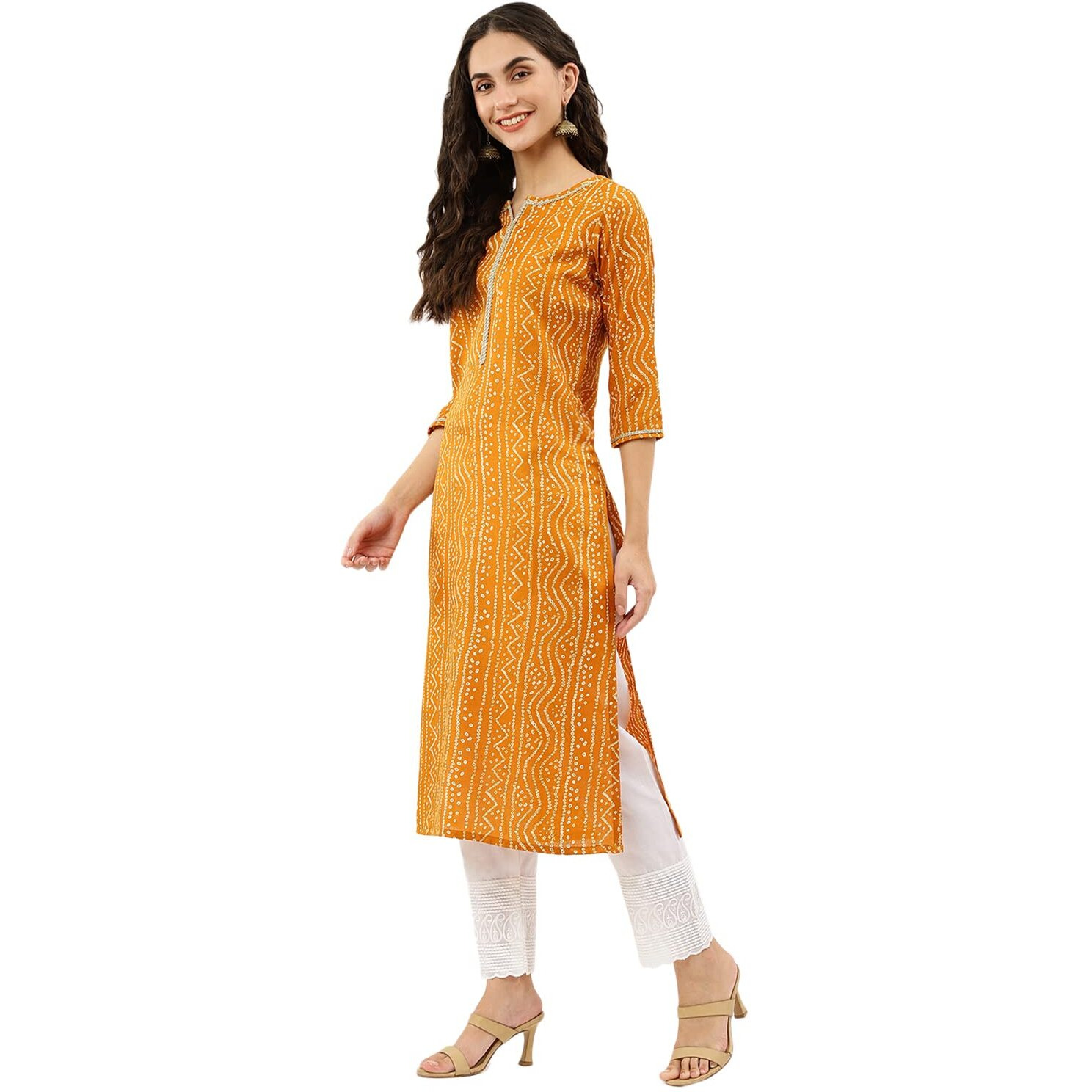 Nainvish Women's Cotton Blend Printed Straight V-Neck Kurta (Sd360_K-S_Yellow)