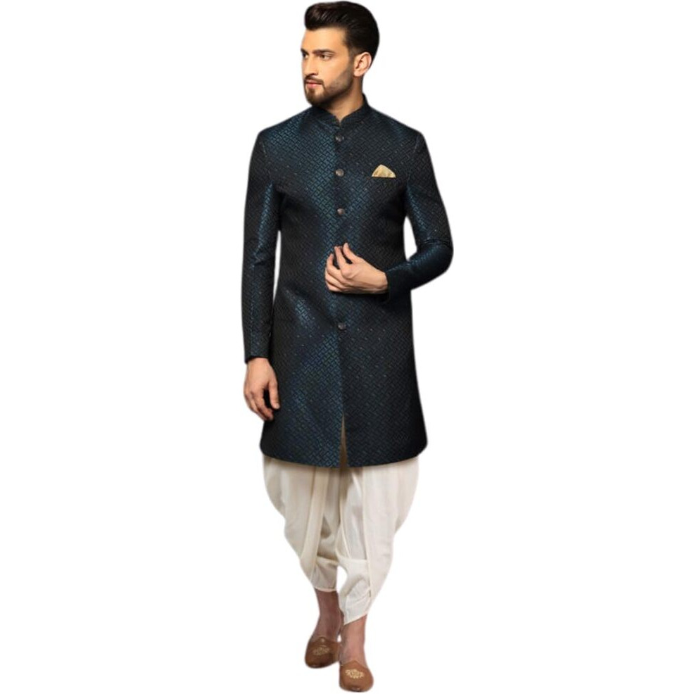 Kisah Men's Indo-Western Sherwani Dhoti Set, Navy Blue Cotton, Jacquard Regular Fit Mandarin Collar Long Sleeves (M)