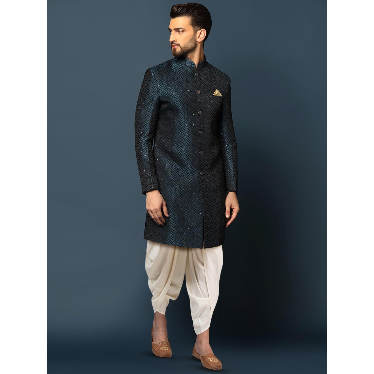 Kisah Men's Indo-Western Sherwani Dhoti Set, Navy Blue Cotton, Jacquard Regular Fit Mandarin Collar Long Sleeves (M)