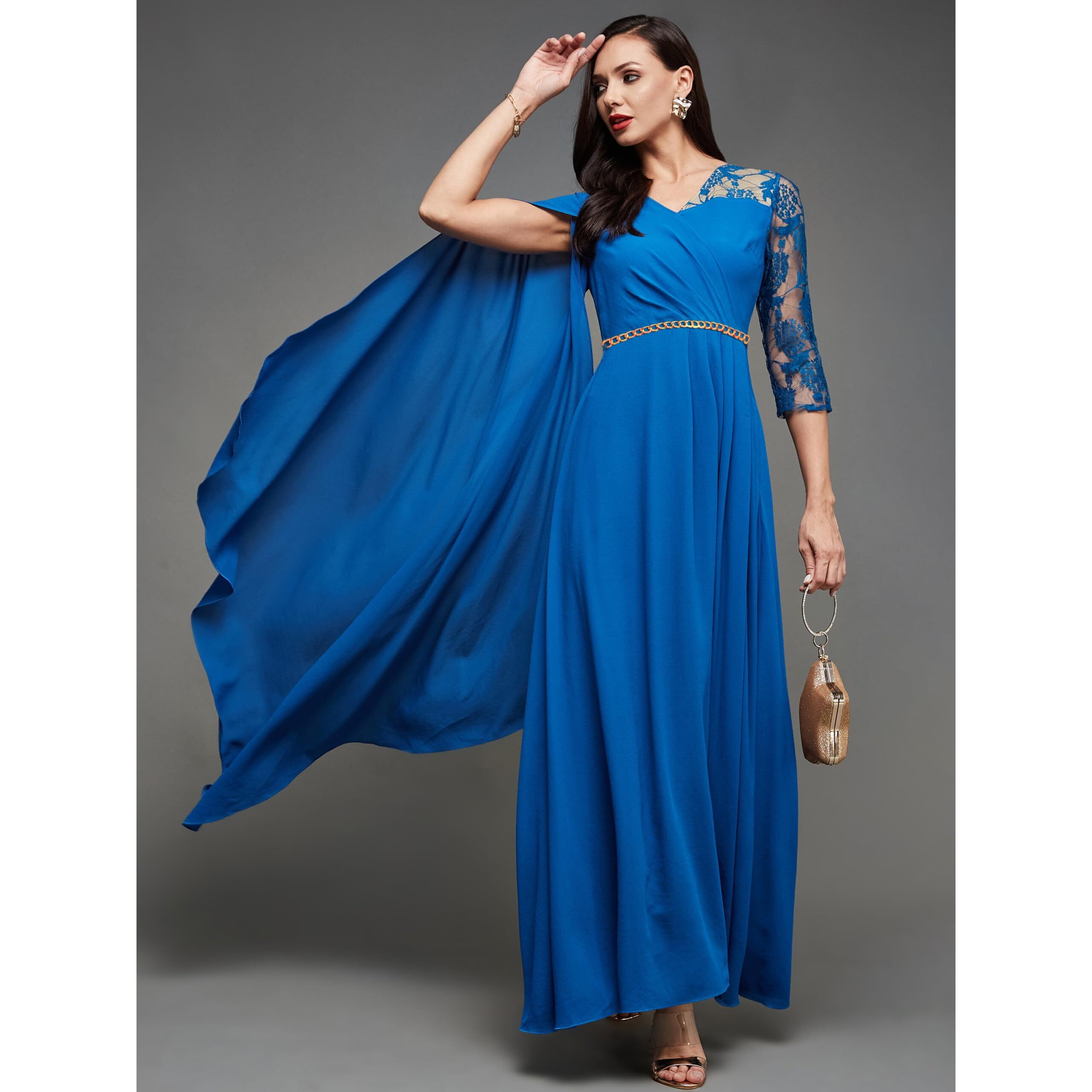 Miss Chase Women's V-Neck Asymmetric Embellished Maxi Georgette Dress (Mcss23D98-54-229-04, Royal Blue, M)