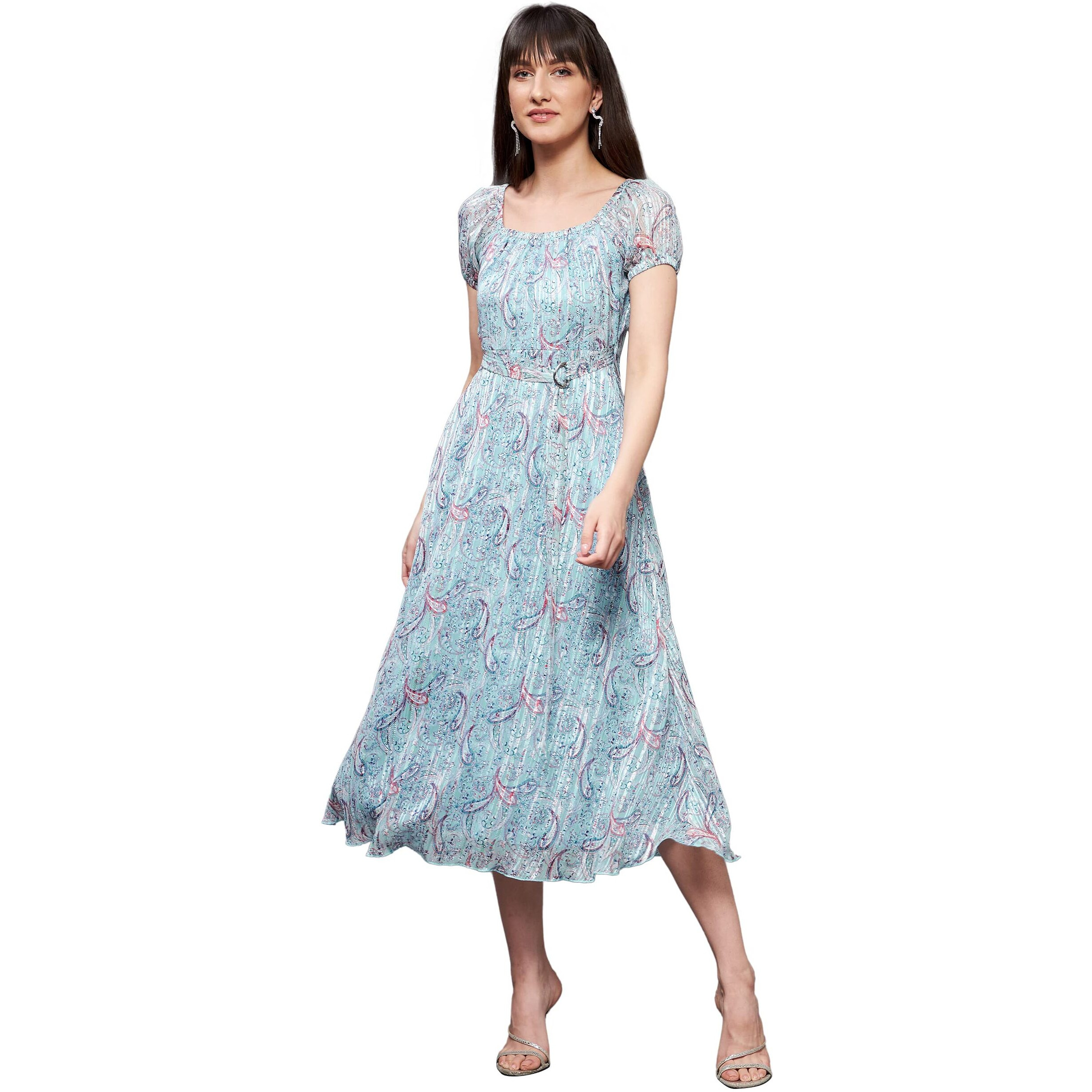 Miss Chase Women's Multicolored Base-Light Blue Square Neck Short Puff Sleeve Bohemian Fit & Flare Georgette Midi Dress (Mcss22D16-22-283-06, Blue, Xl)