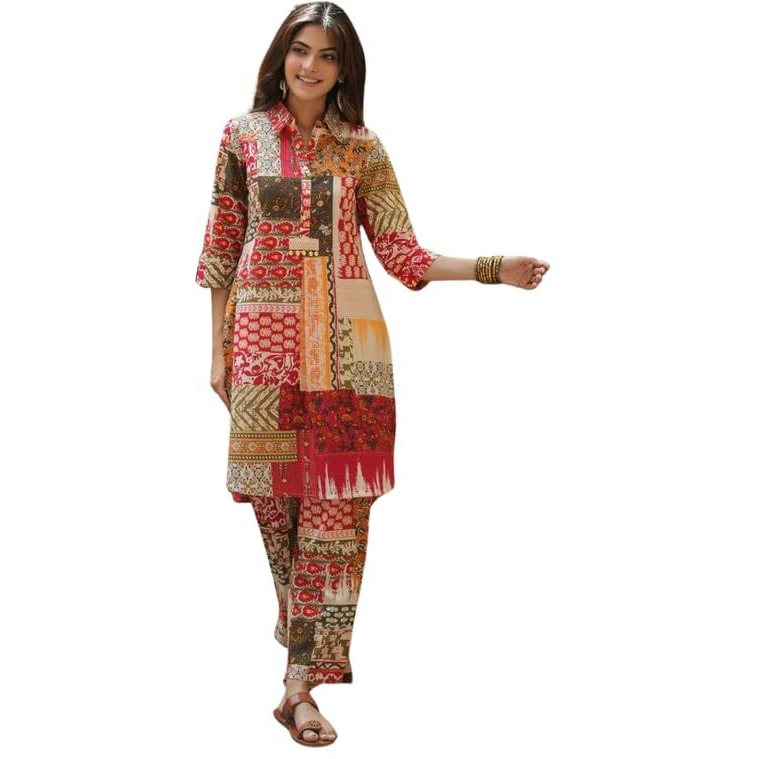 Nainvish Women's Red & Yellow Printed Straight Cotton Blend Shirt Collar Co-Ord Set (Sd679_Kb-L)