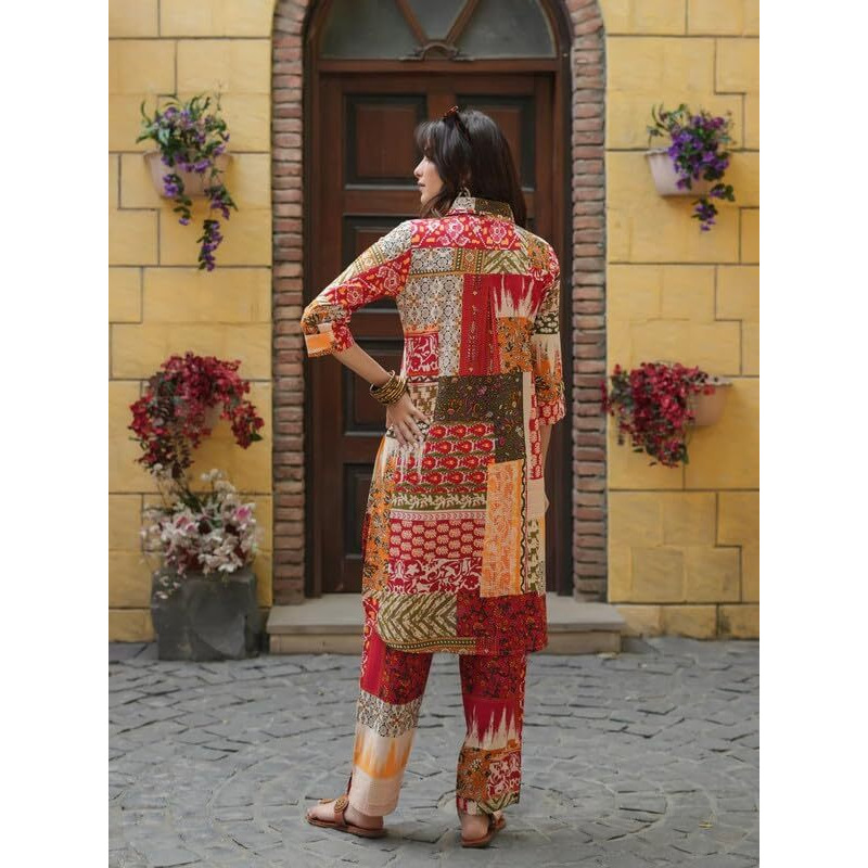 Nainvish Women's Red & Yellow Printed Straight Cotton Blend Shirt Collar Co-Ord Set (Sd679_Kb-L)