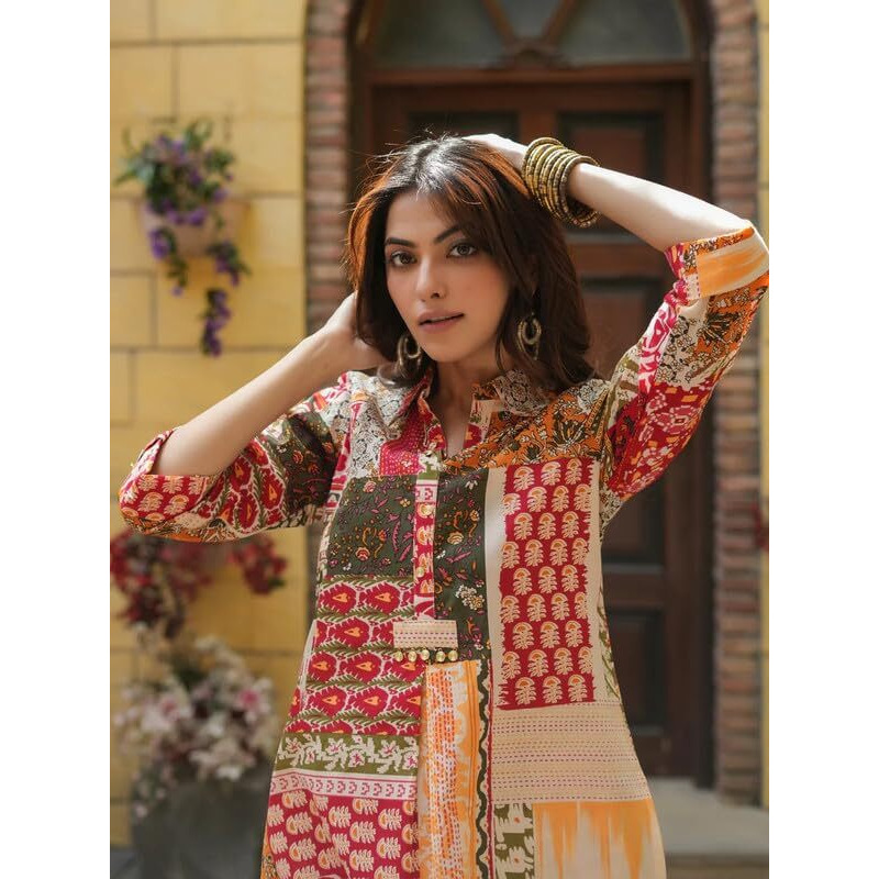 Nainvish Women's Red & Yellow Printed Straight Cotton Blend Shirt Collar Co-Ord Set (Sd679_Kb-L)
