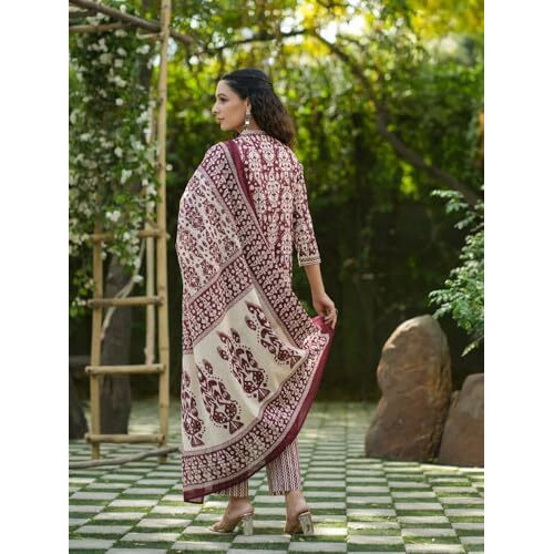 Nainvish Women's Rayon Printed Straight V-Neck Kurta Pant With Dupatta (Sd686_Kbd-L_Maroon)