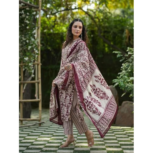 Nainvish Women's Rayon Printed Straight V-Neck Kurta Pant With Dupatta (Sd686_Kbd-L_Maroon)
