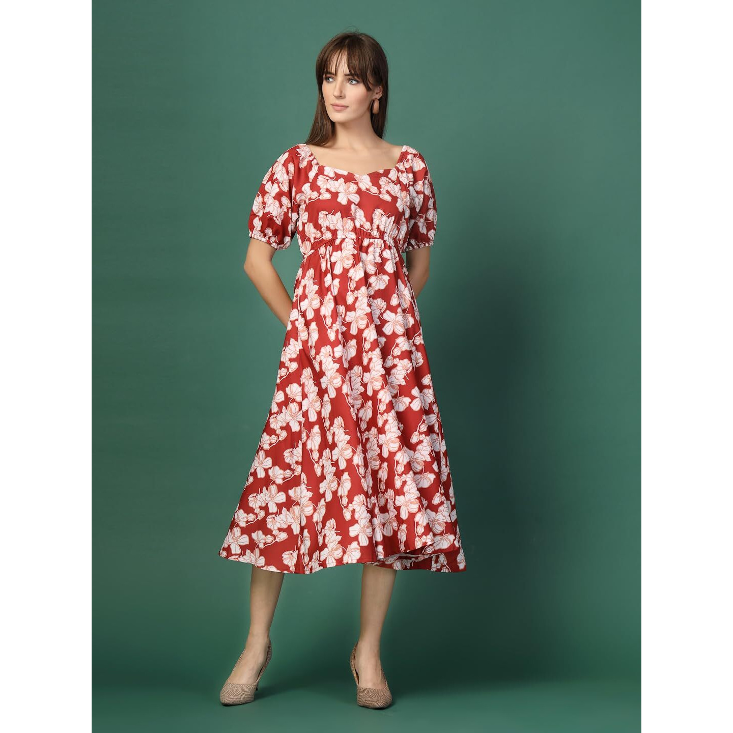 Oomph Flared Dress For Women Stylish | Long One Piece For Women | Puff Sleeve Long Dress | Floral Print Maxi One Piece | Western & Fusion Wear