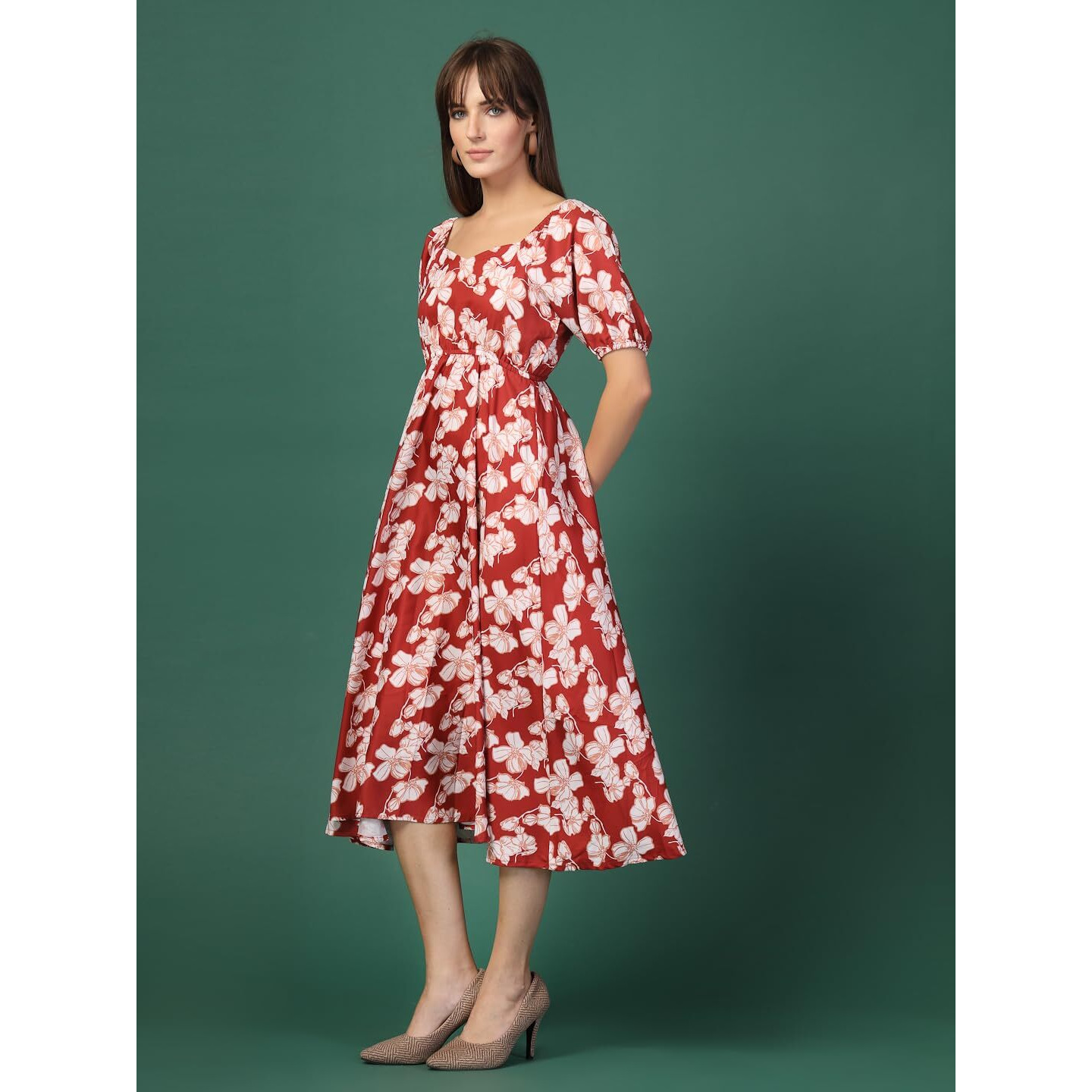 Oomph Flared Dress For Women Stylish | Long One Piece For Women | Puff Sleeve Long Dress | Floral Print Maxi One Piece | Western & Fusion Wear