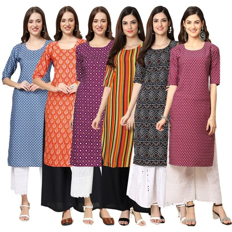 Pinkmint Women's Crepe Digital Print Straight Kurta [Pack Of 6] Multicolour