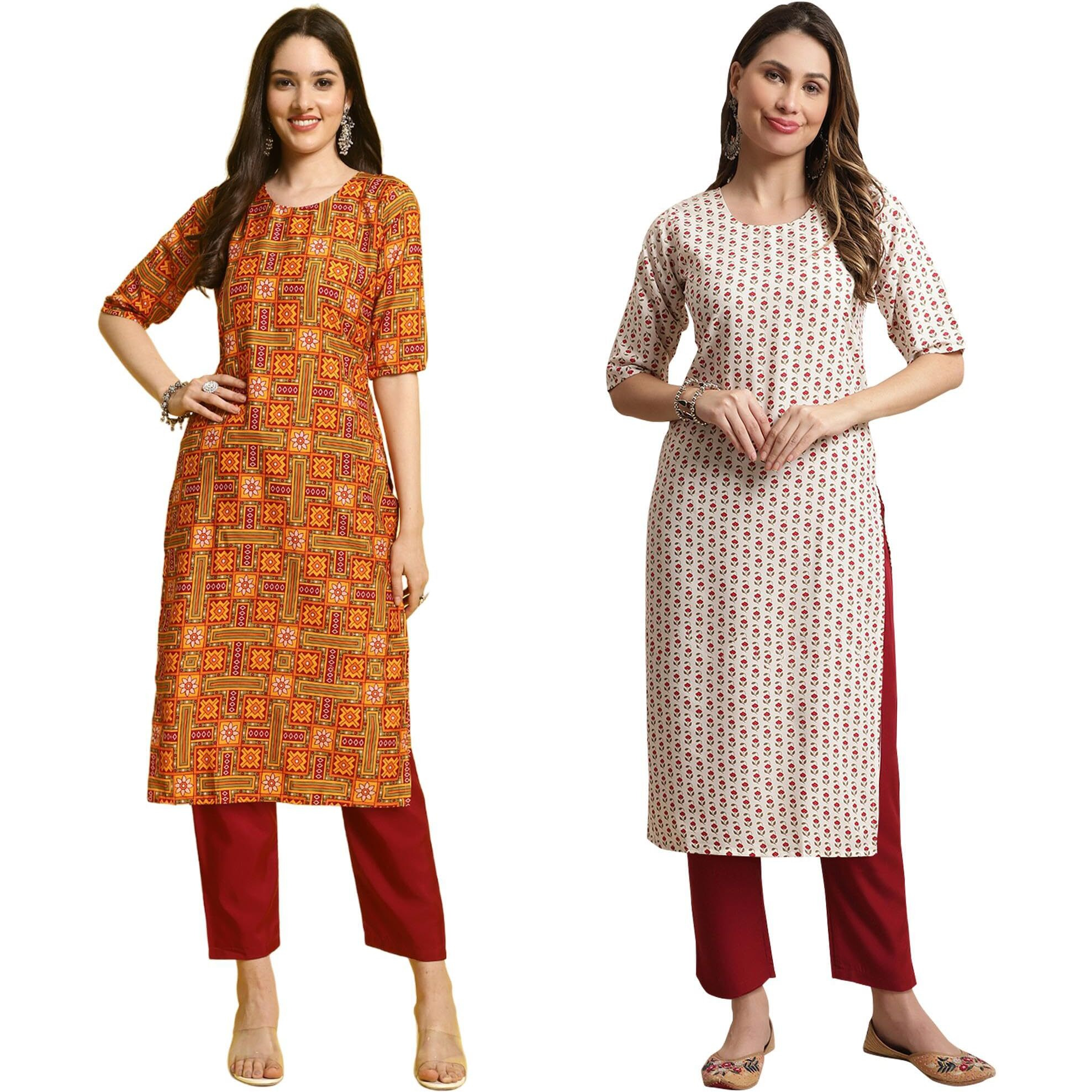 Pinkmint Printed Round Neck Kurta Set For Women Ll Kurti & Pant Set For Women Ll Regular Fit Kurta Set (Pack Of 2) Blue-Orange