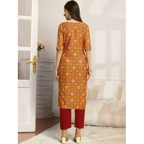 Pinkmint Printed Round Neck Kurta Set For Women Ll Kurti & Pant Set For Women Ll Regular Fit Kurta Set (Pack Of 2) Blue-Orange