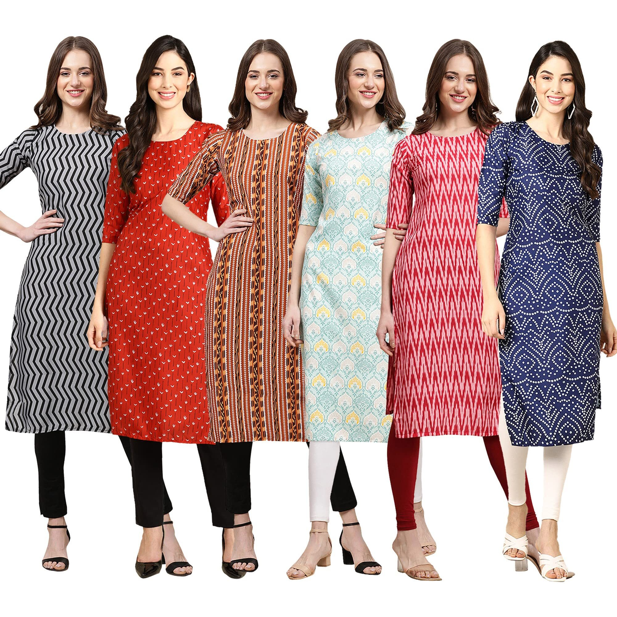 Pinkmint Women's Crepe Digital Print Straight Kurta Pack Of 6 [Cr-336-370-344-343-328-366-Xxl]