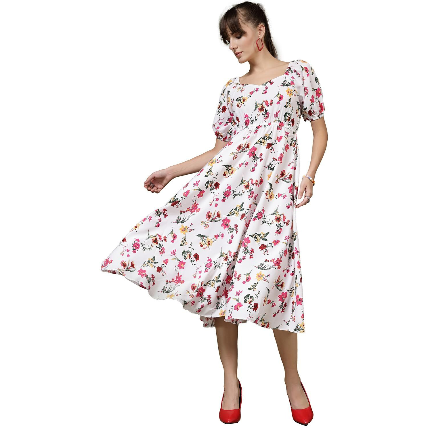 Oomph Flared Dress For Women Stylish | Long One Piece For Women | Puff Sleeve Long Dress | Floral Print Maxi One Piece | Western & Fusion Wear