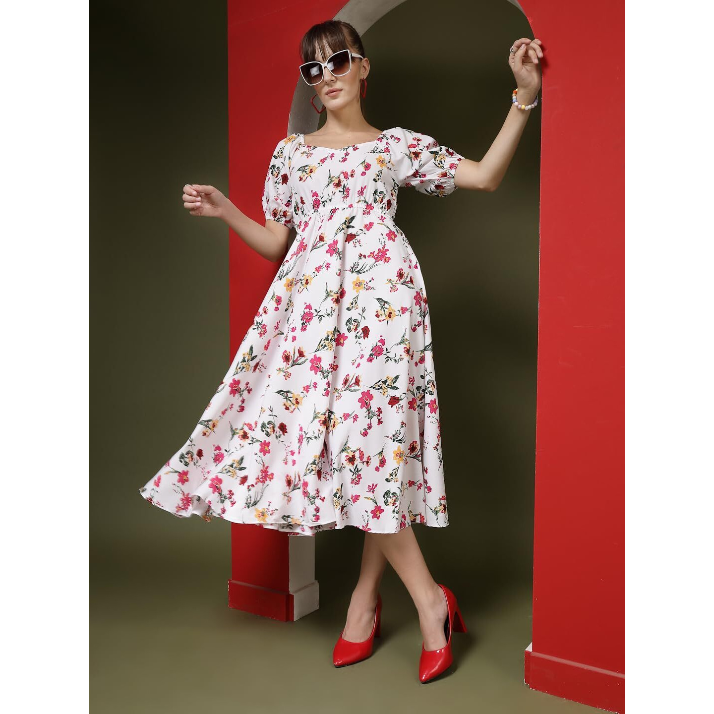 Oomph Flared Dress For Women Stylish | Long One Piece For Women | Puff Sleeve Long Dress | Floral Print Maxi One Piece | Western & Fusion Wear