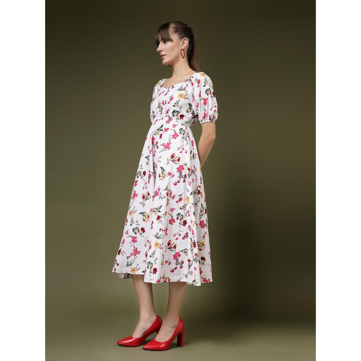 Oomph Flared Dress For Women Stylish | Long One Piece For Women | Puff Sleeve Long Dress | Floral Print Maxi One Piece | Western & Fusion Wear