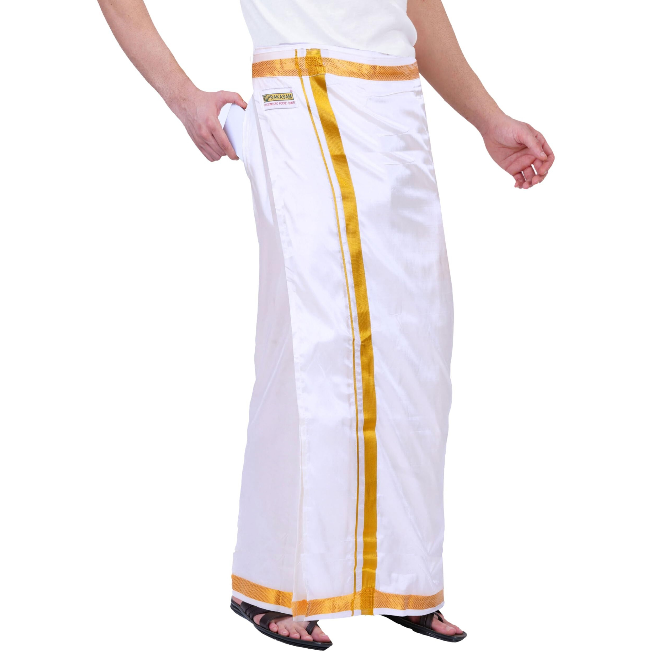 Prakasam Cotton Mens Double Layers Art Silk - Welcro Pocket Dhoti For Mens (White, 44)