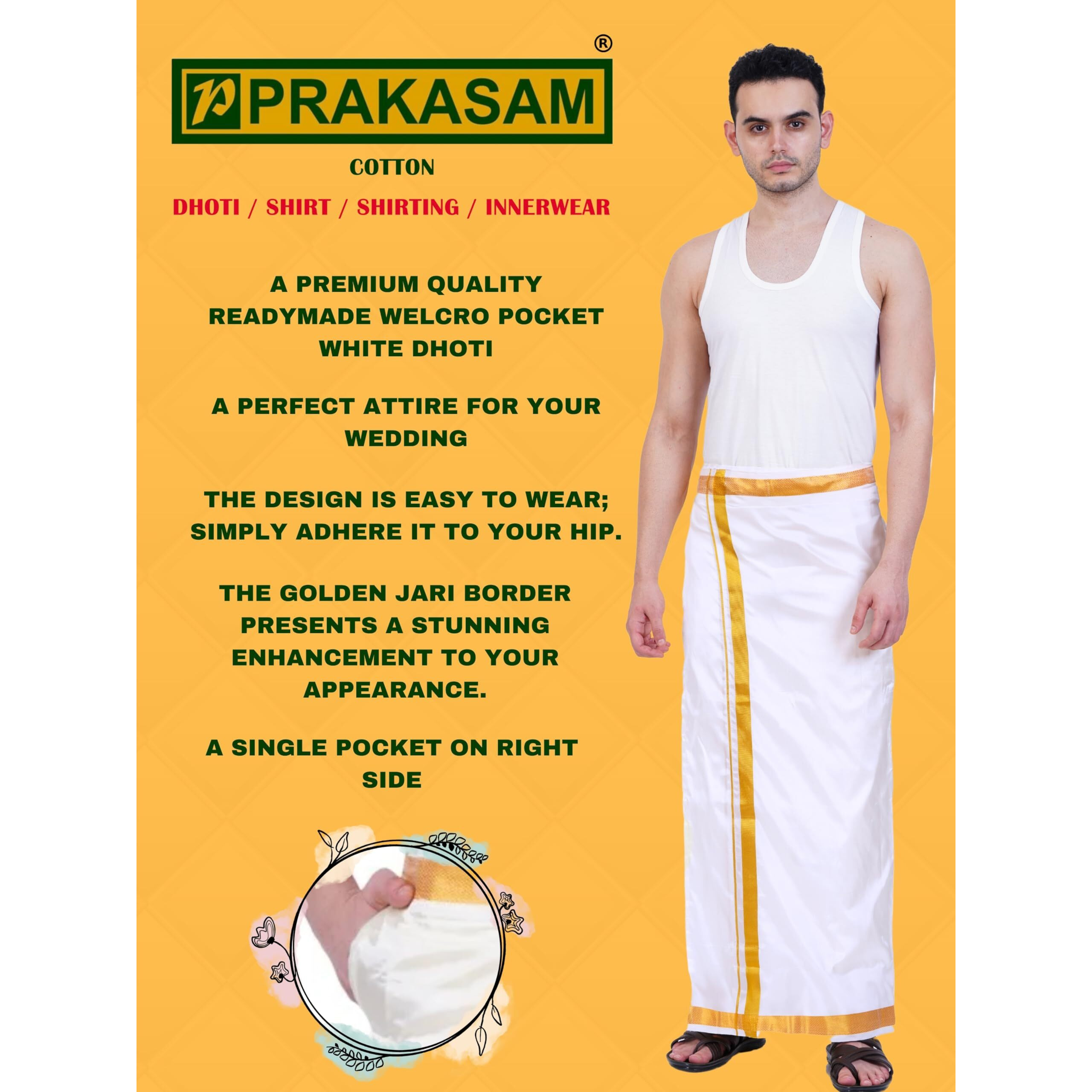 Prakasam Cotton Mens Double Layers Art Silk - Welcro Pocket Dhoti For Mens (White, 44)