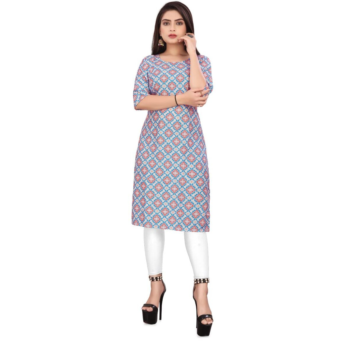 Patlani Women's Cotton Blend Printed Straight Kurta Light-Blue-Florel-S