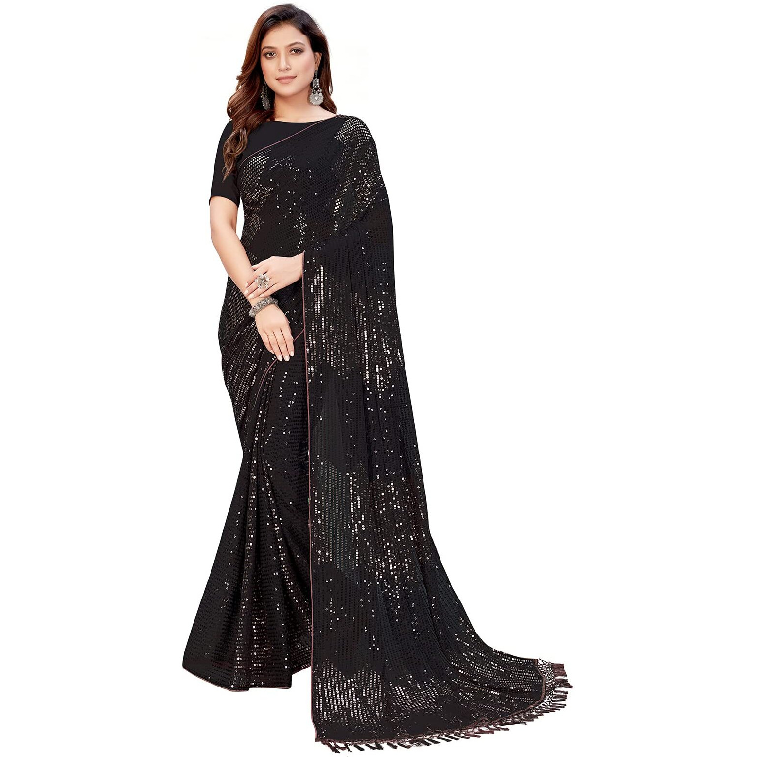 Pratham Blue Women's Sequins Georgette Fancy Saree With Blouse Piece (Pb-250_Black And Brown)