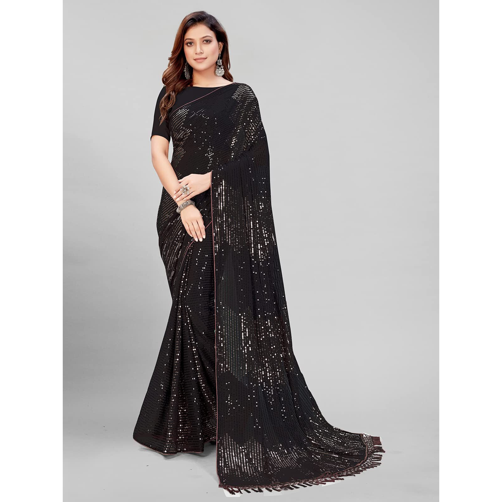 Pratham Blue Women's Sequins Georgette Fancy Saree With Blouse Piece (Pb-250_Black And Brown)