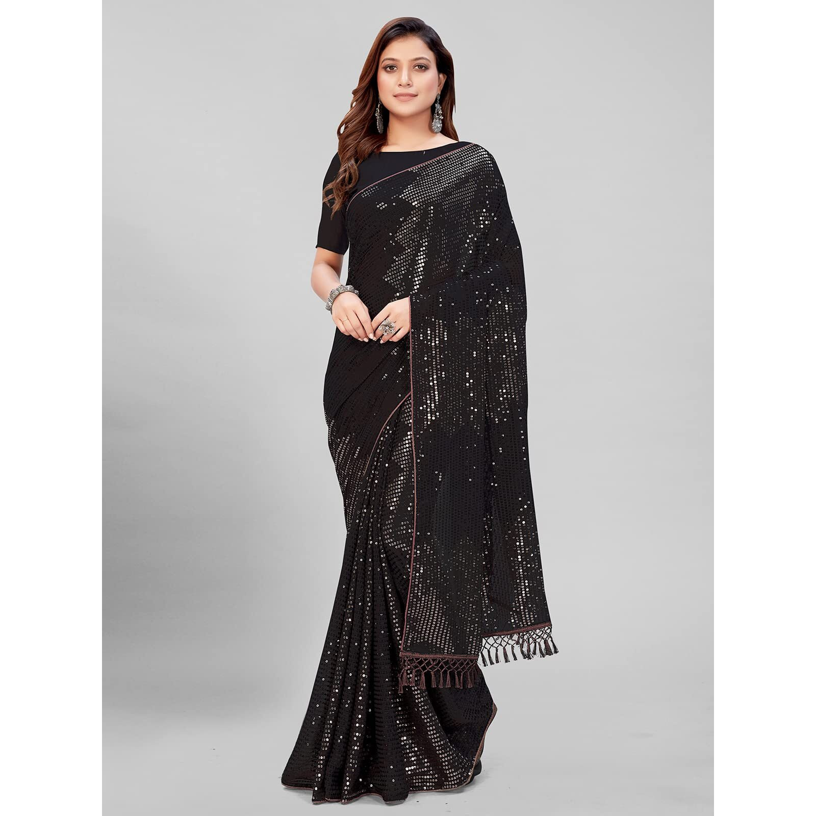 Pratham Blue Women's Sequins Georgette Fancy Saree With Blouse Piece (Pb-250_Black And Brown)