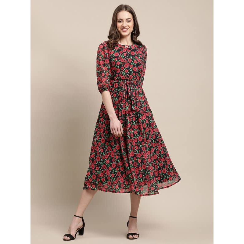Preneum Women's Maxi Fit & Flare Latest Style Print Georgette Regular Sleeves Casual Summer Maxi Dress || Festival & Occasion, Red, 2Xl