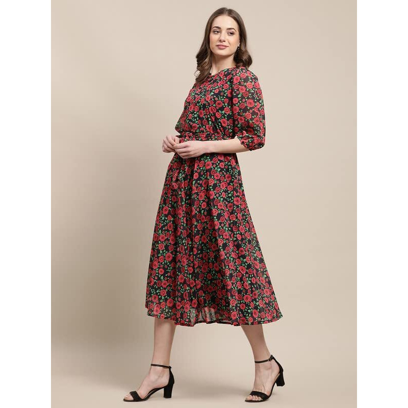 Preneum Women's Maxi Fit & Flare Latest Style Print Georgette Regular Sleeves Casual Summer Maxi Dress || Festival & Occasion, Red, 2Xl