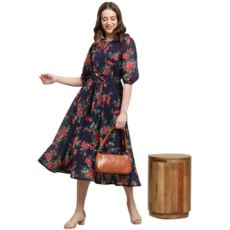 Preneum Women's Maxi Fit & Flare Latest Style Print Georgette Regular Sleeves Casual |Summer Festival & Occasion Maxi Gown,Blue,Xl