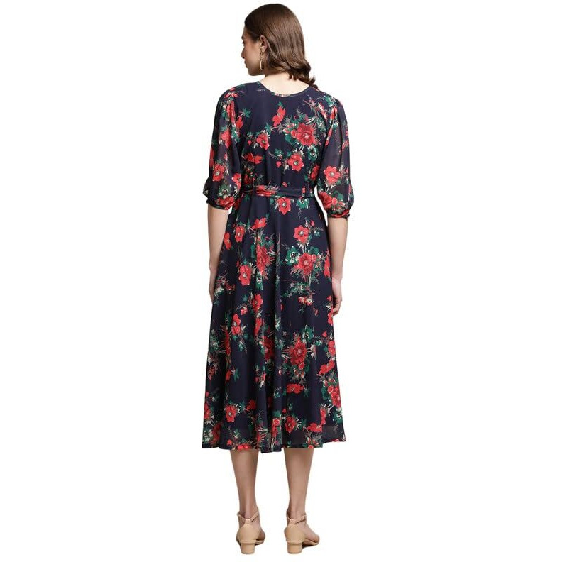 Preneum Women's Maxi Fit & Flare Latest Style Print Georgette Regular Sleeves Casual |Summer Festival & Occasion Maxi Gown,Blue,Xl
