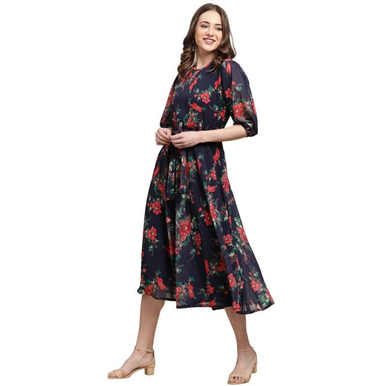 Preneum Women's Maxi Fit & Flare Latest Style Print Georgette Regular Sleeves Casual |Summer Festival & Occasion Maxi Gown,Blue,Xl