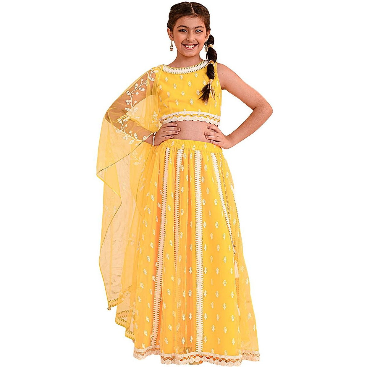 Pspeaches Girl's Cotton Blend Lehenga Choli (L-Yellowwtbooti_Yellow_10-12Y)