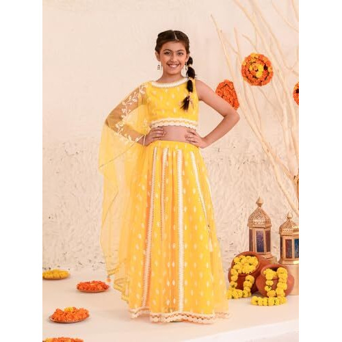Pspeaches Girl's Cotton Blend Lehenga Choli (L-Yellowwtbooti_Yellow_10-12Y)