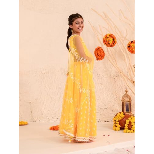 Pspeaches Girl's Cotton Blend Lehenga Choli (L-Yellowwtbooti_Yellow_10-12Y)
