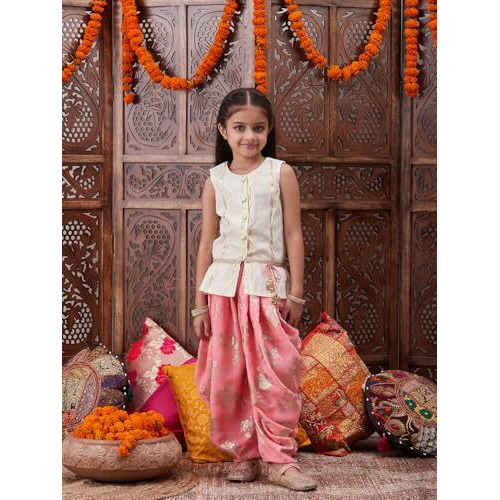 Pspeaches Girl's Cotton Dhoti Set (Dh-Offwhitelurex-5-6Y_Offwhite
