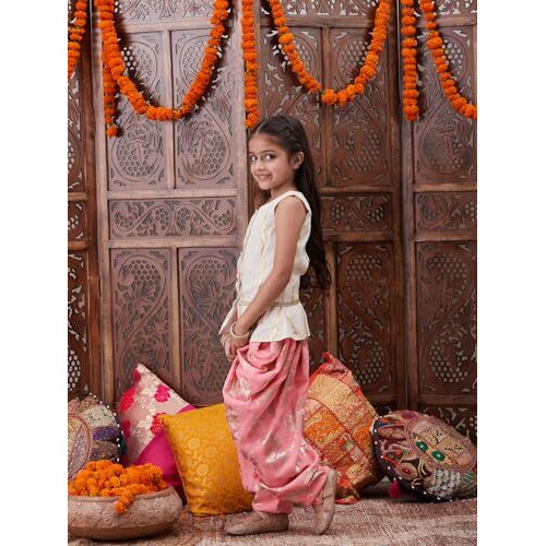 Pspeaches Girl's Cotton Dhoti Set (Dh-Offwhitelurex-5-6Y_Offwhite