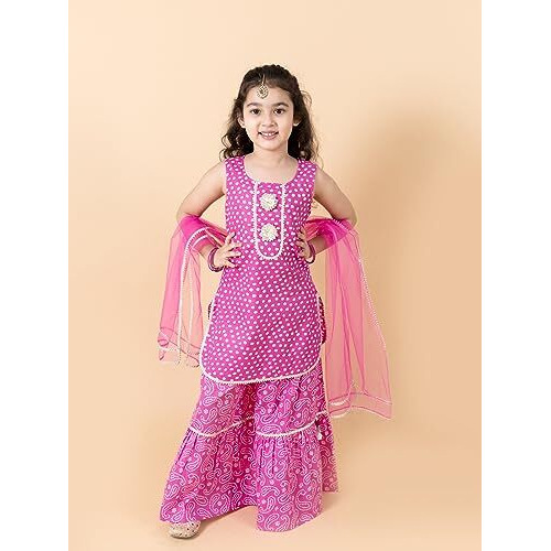 Pspeaches Girls Purple Ethnic Motifs Printed Pure Cotton Kurta With Sharara With Dupatta (Purple-12-14Y)