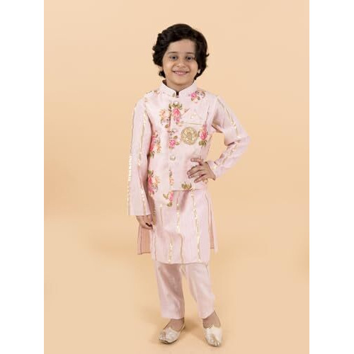 Pspeaches Kids-Boys Pink Floral Printed Pure Cotton Kurta With Trousers And Nehru Jacket